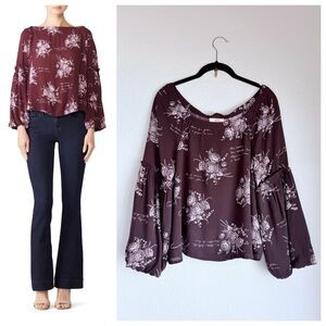Cinq à Sept Amelie Floral Print On or Off Shoulder Long Sleeve Blouse in Wine S